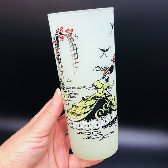 60s Southern Belle Tom Collins Cocktail Glass Set of 3 Frosted Highball Tumblers - Picture 9 of 13